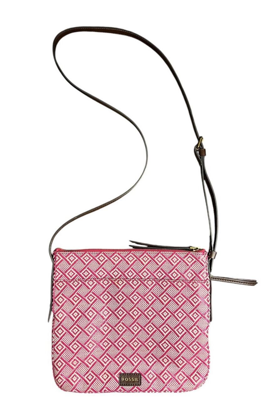 Fossil Purse Pink White Straw Leather Trim Crossbody Bag